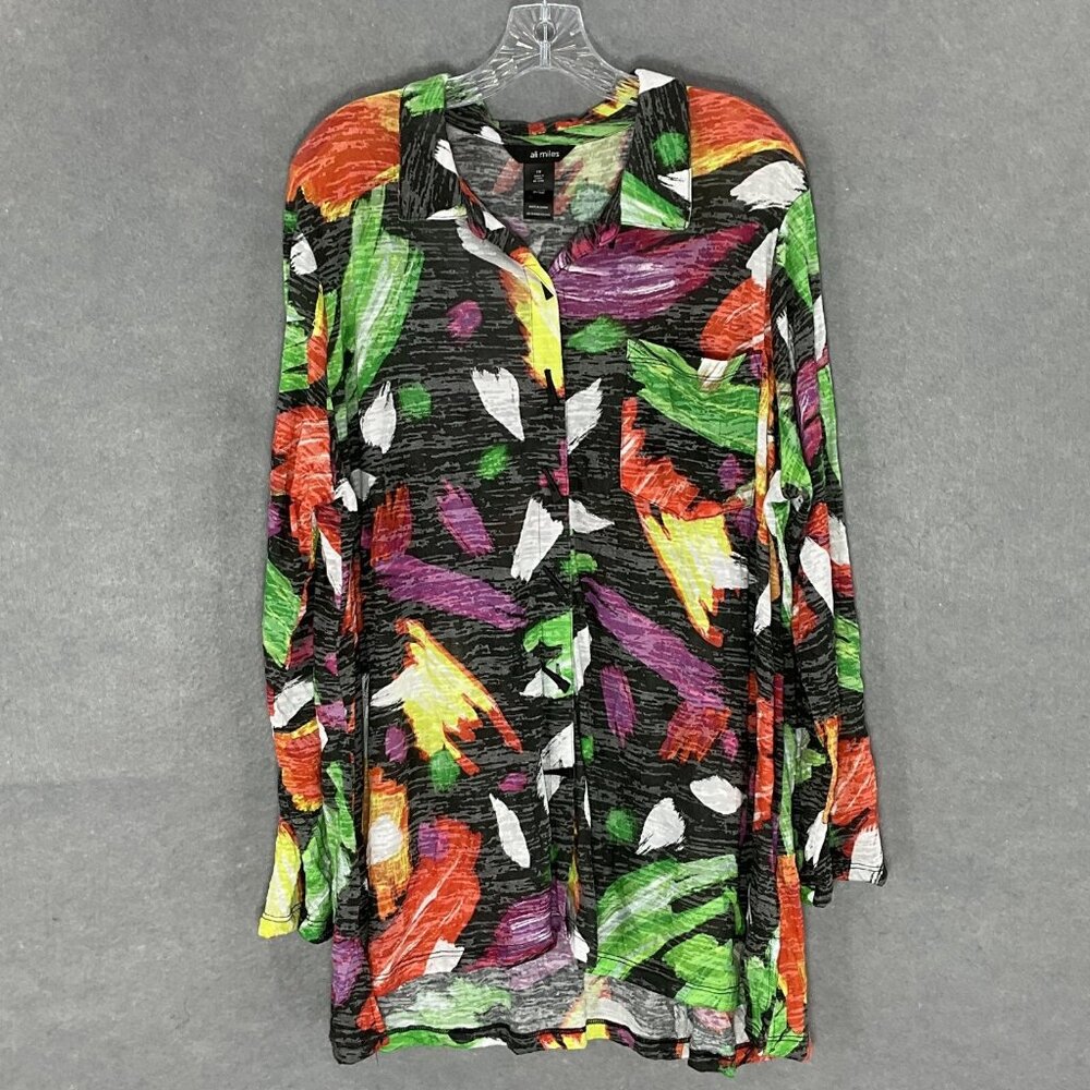 Ali Miles Top Women 1X Muticolor Bold Brush Stroke Button Up Pocket Art to Wear